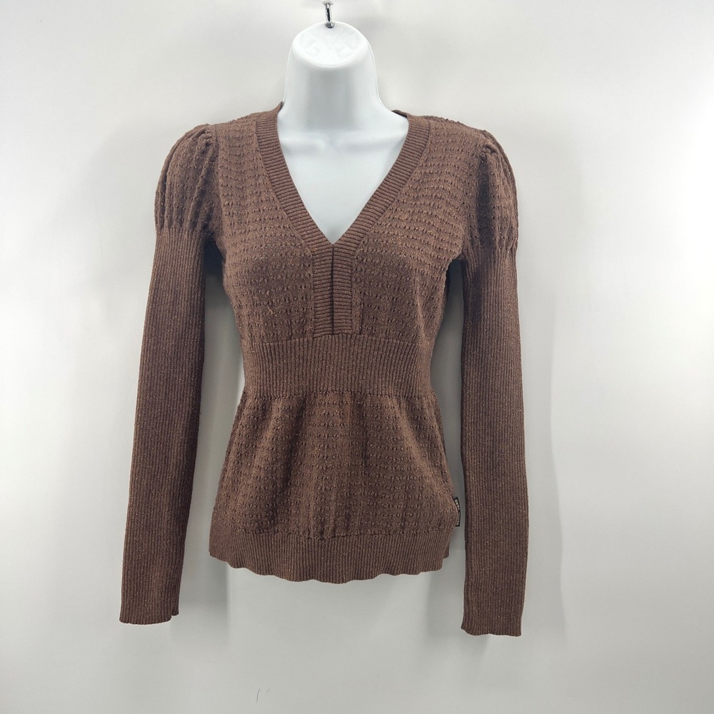 Y2K DKNY Jeans Sweater Women Sz S Brown Babydoll Pointelle Metallic Dainty